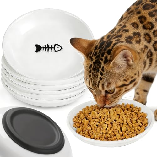 Non-Slip Cat Food Bowls - 6 Pack Whisker Fatigue Ceramic Cats Dishes Set for Indoor Cats, Shallow Wide Kitten Plates for Wet Food and Water, Microwave & Dishwasher Safe - color: Black Silicone Base, size: 6 PCS