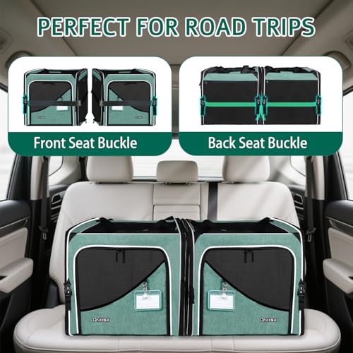 Petskd 2 in 1 Double Cat Car Travel Carrier with Litter Box, 38"x17"x18" Dual Extra Large Cat Carrier for Several Cats, Portable Cat Carrier with Zipper Locks for Longer Road Trips (Green)