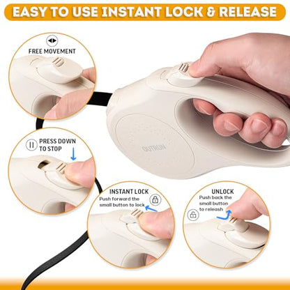 OUTRUN Retractable Dog Leash 16.5 FT Walking Leash up to 55 lb, Strong Nylon Tape No Tangle, Heavy Duty One-Handed Brake Lock Perfect for Small & Medium Sized Dogs and Pets - color: Cream White