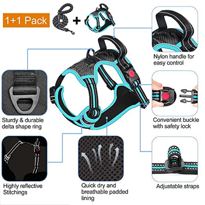 tobeDRI No Pull Dog Harness Adjustable Reflective Oxford Easy Control Medium Large Dog Harness with A Free Heavy Duty 5ft Dog Leash - color: Black/Blue Harness+Leash, size: Medium