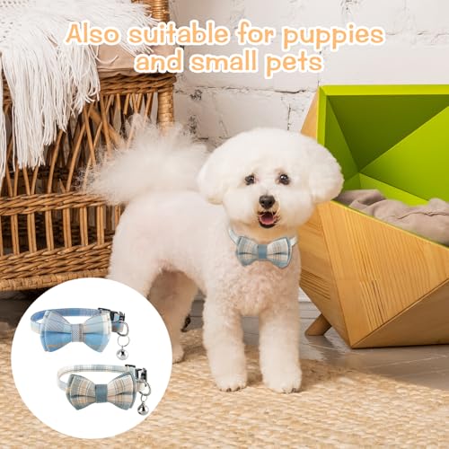 Jeffdad 2Pcs Cat Collar Breakaway, Cat Collar with Bells Bowtie Plaid Cat Collar Adjustable for Kitten Puppy and Small Pets (Blue and White Plaid) - color: Blue and white plaid
