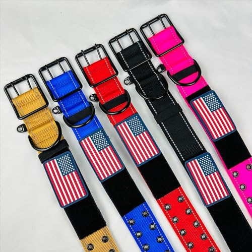 Tactical Dog Collar 2 Inch Wide Heavy Duty with Metal 2-Pin Belt Buckle for Medium, Large & XL Dogs, Thick Military-Style K9 Collar, Reflective, with Name Plate Area, USA Flag Patch, Strong & Durable - color: PINK, size: 12-20 inches