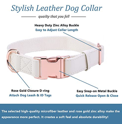 Dog Collar and Leash Set.Soft and Easy to Clean Vegan Leather with Rose Gold Metal Buckle for Small Medium Large Dogs (Off-White, M(13.8"-19.7")) - color: Off-White, size: M