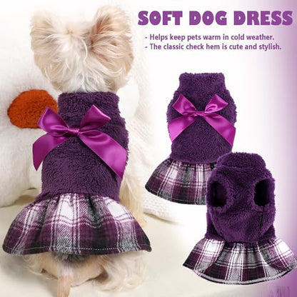 Fuzzy Dog Plaid Sweater Dress, Fall Winter Warm Female Dog Clothes for Small Dogs Girl, Pet Outfit, Cat Apparel (XSmall, Purple) - color: #1 Purple, size: X-Small (Chest 14.2 in)
