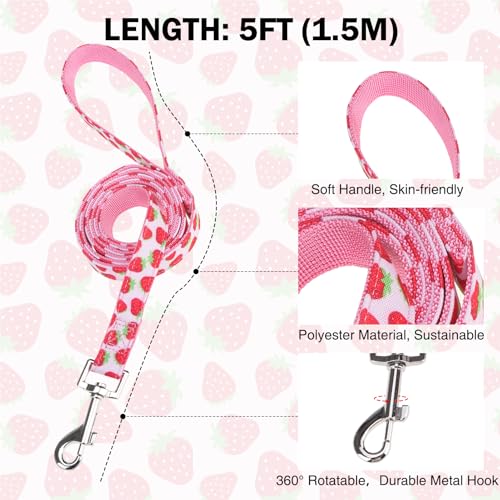 Dog Collar and Leash Set, Adjustable Dog Collars for Small Medium Dogs Boys Girls, Soft Durable Nylon Collar and Matching Leash, Cute Puppy Collars,Strawberry - color: Pink strawberry, size: Small(Neck:11.8"-16.2")