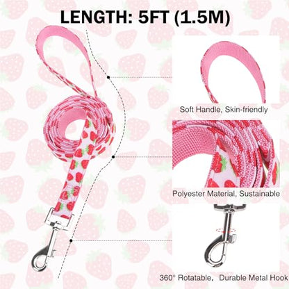 Dog Collar and Leash Set, Adjustable Dog Collars for Small Medium Dogs Boys Girls, Soft Durable Nylon Collar and Matching Leash, Cute Puppy Collars,Strawberry - color: Pink strawberry, size: Small(Neck:11.8"-16.2")