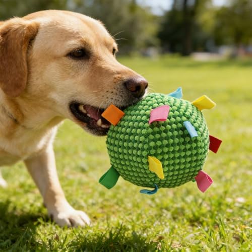 Plush Dog Ball Toy with Bell & Colorful Straps, 6.3 Inch Soft Interactive Fetch Toy, Lightweight Chew Toy for Small & Medium Dogs, Puppy Stuffed Play Ball (Green) - color: Green