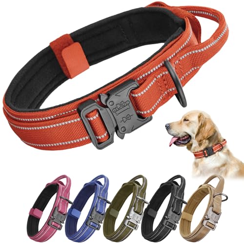 Tactical Dog Collar for Medium & Large Dogs - Military Nylon Heavy Duty Collar with Handle, Reflective Strip & Metal Buckle for Training, Outdoor (Orange Reflective, XLarge) - color: Reflective-Orange, size: XL