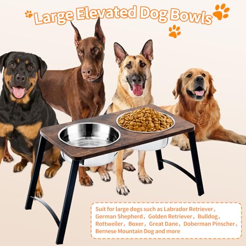 Elevated Dog Bowls for Medium and Large Dogs Wood Raised Bowl Stand with Two 1700ML (58oz) Stainless Steel Dog Food and Water Bowls,Non-Slip - color: Black&brown-Medium&Large
