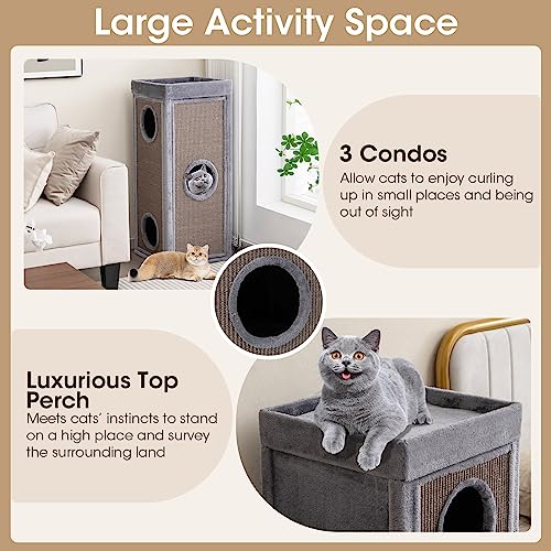 PETSITE 4-Story Cat Tree Condo Barrel Tower, 39 Inches Top High Edge Cat Condo Bed with Removable Cushion, Natural Sisal-Covered Scratching Board Indoor Cat Furniture, Grey