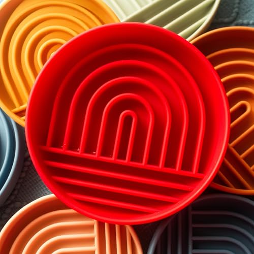 Should We Go? Slow Feeder for Dogs & Puppies, The Slowdown Bowl Silicone Slow Eating, Modern Lick Mat Design, Reduces Gulping, Fits 2 Cups, 7.5” Across x 1.5” Tall, Mealtime Challenge, Medium-Cherry - color: Cherry - Rainbow Design, size: Medium (7.5” Acr