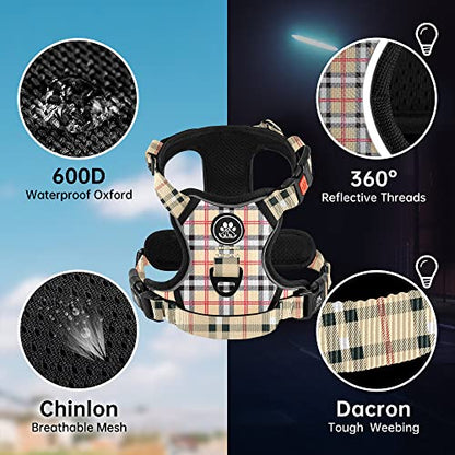 No Pull Dog Harness with Leash, Reflective No Choke Pet Vest Harness,Adjustable Soft Padded Dog Harness with Easy Control Handle for Small Dogs(Checkered Beige,Small) - color: Checkered Beige, size: 【S】neck 11-15" chest 15-21"