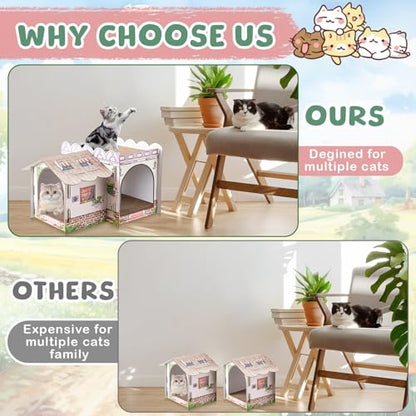 Lineshading 2 Story Cardboard Cat House with Scratcher Pad, Multi Level Durable Cat Scratcher House for Small Kitten Bunny Rabbit Animals Christmas Birthday Gift(17x12x10,Cottage) - style: Cottage