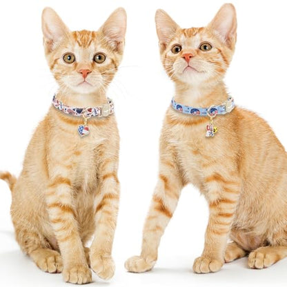 Faygarsle 2 Pack Patriotic American Flag Dog Collar Pattern Cat Collars Breakaway Safety Collar with Bell Spring Summer Design for Girl Cats, Red White Blue - color: Blue & White Flag