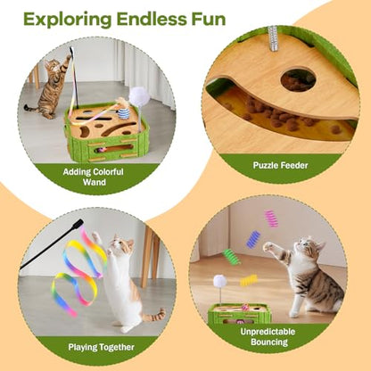 Cat Puzzle Box Toy for Indoor Cats Boredom Relief Interactive Wooden Cat Enrichment Maze with Jingle Balls, Feather Wands & Spiral Springs, Slow Feeder Treat Dispenser for Kittens & Adult Cats - size: Medium