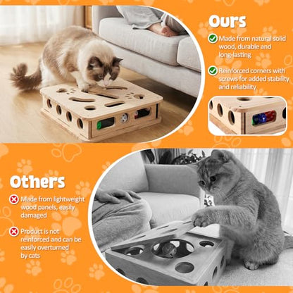 2026 Upgrade Cat Nail File Box, No Assembly Required, Solid Wood Cat Nail File Enrichment Box with 3 Bell Balls, 1 Teaser Wand & Replacement Sandpaper, Stress-Free Alternative to Clippers & Grinders