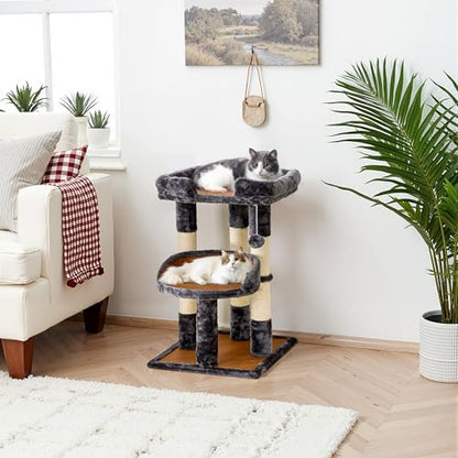 Fansafurn Multi-Level Cat Tree for Indoor Cats, Modern Cat Tower with Double Beds & Scratching Posts, 27 in Cute Cat Tree for Large Cats and Kitten, Small Cat Climbing Tower with Hanging Toys, Grey - color: Grey