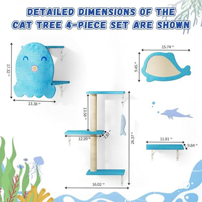 5 Pcs Wall-Mounted Climber Set, Wood Indoor with Shelves and Perches, Ladder, Condo House, Scratching Board and Tree, Wall Shelves Furniture for Cats (Ocean Blue) - color: Ocean Blue