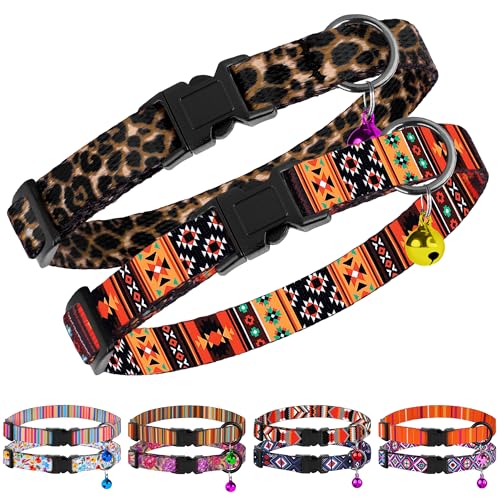 2 Pack Cat Collars with Bell - Breakaway Soft Collar for Girl & Boy Cats, Adjustable Safety Cute Kitten Collars – Comfortable Stylish Patterned Print Design Lightweight (Tribal + Leopard) - color: Tribal + Leopard