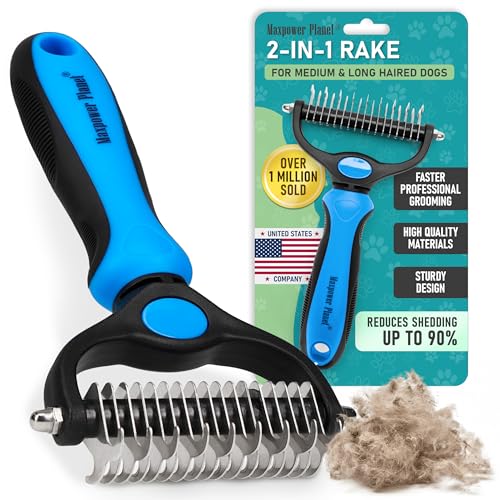 Maxpower Planet Original Pet Grooming Rake - Double-Sided Deshedding Dematting Tool, Undercoat Rake for Dogs & Cats, Extra-Wide Dog Grooming Brush & Deshedder Comb for Long Hair, Reduces Shedding 95% - color: Blue, size: Large