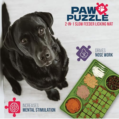Palz&Co Paw Puzzle 2-in-1 Slow Feeder & Lick Mat - Large 15.75"x10.5" Green Non-Slip Silicone Mat for Dogs & Cats, Dry or Wet Food, Enrichment Puzzle Feeder, Dishwasher Safe - size: Large