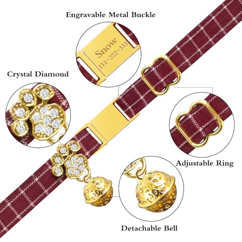 Personalized Breakaway Cat Collars - Magnetic Buckle, Bell - Safety Quick Release, Customized for Girls & Boys Cats- (Checkered-Red) - color: Checkered-Red