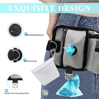 Dog Training Treat Pouch Zipper Waist Belt Bag, Plus Size Dog Treat Bag with Water Bottle Holder Silicone Insert and Clip for Leash Waste Bags Puppy Hiking Dogs Walking Fanny Pack Kit, Grey - color: grey