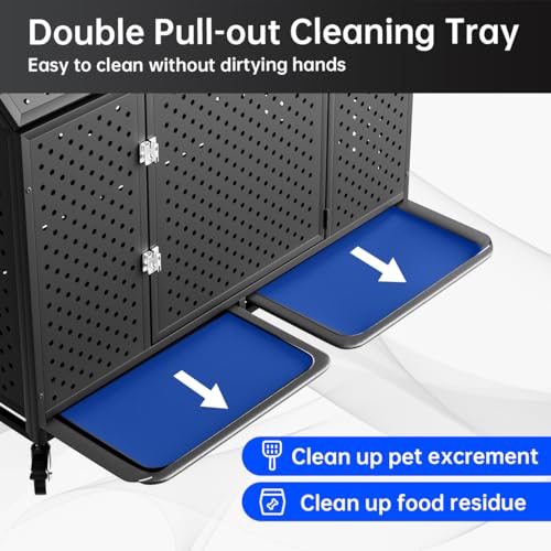 54" Heavy Duty Dog Crate Large Dog cage Strong Metal Dog Kennels and Crates for Large Dogs Top Open with 2 Doors 4 Lockable Wheels 2 Removable Trays - size: 53.9"L x 29.5"W x 46.0"H