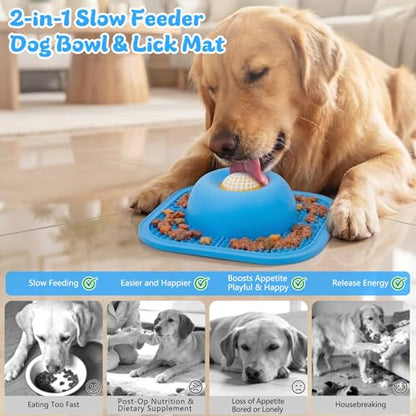 Slow Feeder Dog Bowls & Lick Mat for Liquid and Thick Treat, Anti-Slip Dog Lick Bowl with Interactive Rolling Ball, 5/6 Cup Pup Licking Toy for Large Medium Small Dogs and Cats Blue - color: Blue