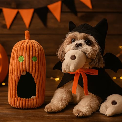Nocciola Halloween Dog Toys 4 PCS, Pumpkin + 3 Skull Squeaky Dog Toy for Small Puppy Dog to Keep Them Busy, Durable Plush Hide and Seek Dog Toys for Small Medium Dogs - style: Pumpkin & Skulls