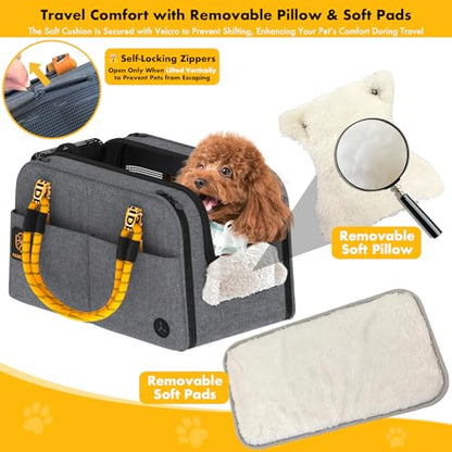 PAWZIDEA Center Console Dog Car Seat, Enclosed Small Dog Armrest Booster Carseat, Secure Straps &Anti Slip, Portable TSA Approved Puppy Pet Carrier Soft-Sided, Removable Pillow Storage Pocket, up 12lb - color: Mid-Hemp Grey