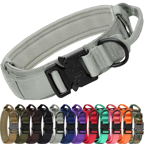 Joytale Tactical Dog Collar with Handle and Metal Buckle, Heavy Duty Padded Military Collar with 2 Patches for Training, Adjustable for Medium Dogs, Gray, M - color: Gray, size: M
