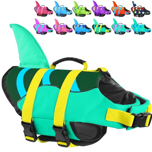Shark Dog Life Jacket, High Buoyancy with Tear-Resistant Nylon, Dog Float Vest for Swimming and Boating, Pet Life Preserver for Small Medium Large Dogs (PFD) - color: Shark-Turquoise+DarkGreen, size: X-small