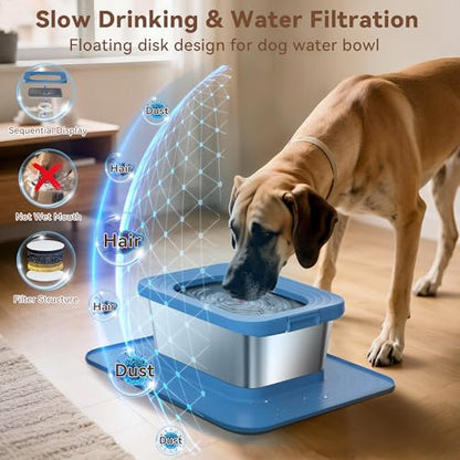 10L No Spill Dog Water Bowl, 2.6 Gal Stainless Steel No Splash Large Dog Water Bowl with Non-Slip Silicone Mat, Spill Proof Slow Drinking Pet Bowls for Messy Drinkers Indoor/Outdoor Use Blue - color: Blue