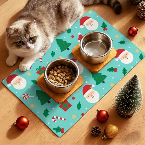 HOMETITUTE Cute Christmas Themed Pet Food Mat Green Santa Print Dog Feeding Mat Non Slip Mats for Cat Food and Water Bowls 20" x 12" Dog Bowl Mats Pets Placemat Easy Clean Christmas Pet Supplies - color: Green