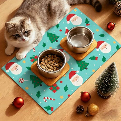 HOMETITUTE Cute Christmas Themed Pet Food Mat Green Santa Print Dog Feeding Mat Non Slip Mats for Cat Food and Water Bowls 20" x 12" Dog Bowl Mats Pets Placemat Easy Clean Christmas Pet Supplies - color: Green