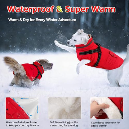 Dog Coat with Harness, Waterproof Warm Dog Winter Jacket with Pockets, Reflective Pet Fleece Jacket Turtleneck Snowsuit for Small Medium Large Dogs - Red, 2XL - color: Red, size: XX-Large( Chest:35.4" Back:23.6" Neck:23.6")