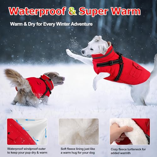 Dog Coat with Harness, Waterproof Warm Dog Winter Jacket with Pockets, Reflective Pet Fleece Jacket Turtleneck Snowsuit for Small Medium Large Dogs - Red, L - color: Red, size: Large(Chest:24.8" Back:16.9" Neck:17.7")
