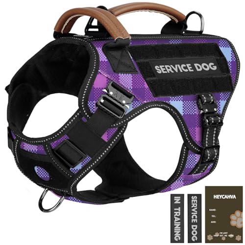 Service Dog Harness - Full Metal Buckles Dog Vest for Medium Large Dogs, Reflective No Pull with Leather Handle, Hook & Loop for Hiking Training (Purple, M) - color: Purple, size: Medium