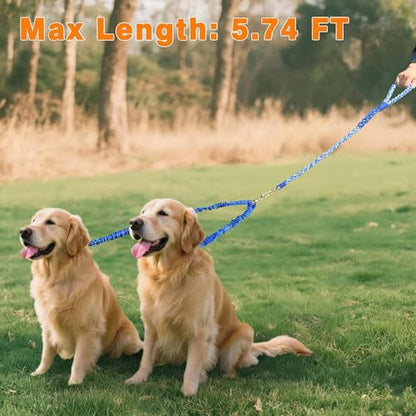 Double Dog Leash – Tangle-Free Dual Leash with 360° Swivel, Shock Absorbing Bungee, Reflective Stitching & Hand-Braided Main Rope (Supports Up to 440 lbs, Blue) - color: Blue