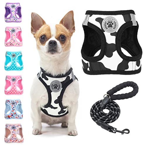 BEAUTYZOO Small Dog Harness and Leash Set, Cow Print Step in Dog Harness No Pull No Choke Puppy Harness Reflective for XXS XS S Dogs Cats, Soft Padded Mesh Vest Harnesses Girl and Boy Pets - color: Black White, size: XX-Small(Chest Girth 11.5"-13")