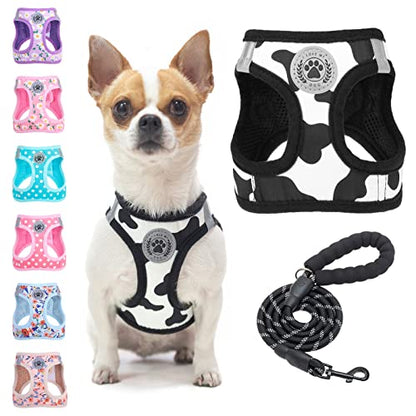 BEAUTYZOO Small Dog Harness and Leash Set, Cow Print Step in Dog Harness No Pull No Choke Puppy Harness Reflective for XXS XS S Dogs Cats, Soft Padded Mesh Vest Harnesses Girl and Boy Pets - color: Black White, size: Small(Chest Girth 14.5" - 16")