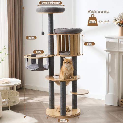 Modern Cat Tree Tower with Scratching Post, 61.5in Tall Cat Tree for Indoor Cats, Multi-Level Solid Wood Cat Furniture with Cozy Cat Beds, Cat Condo, Hammock, Capsule Nest, Turntable Toy, Gray - color: 61.5"-V-Gray
