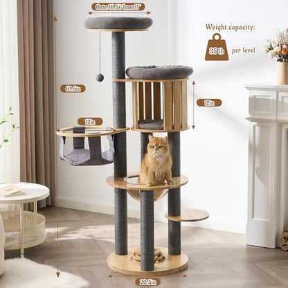 Modern Cat Tree Tower with Scratching Post, 61.5in Tall Cat Tree for Indoor Cats, Multi-Level Solid Wood Cat Furniture with Cozy Cat Beds, Cat Condo, Hammock, Capsule Nest, Turntable Toy, Gray - color: 61.5"-V-Gray