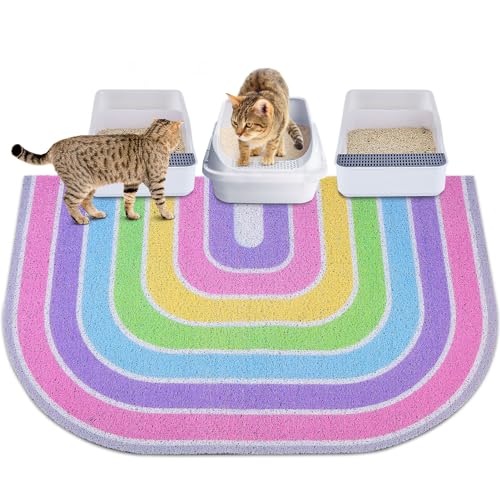 Cat Litter Mat Quality Litter Box Mat Large Non-Slip Cat Litter Mat Litter Trapping Mat Soft Kitty Litter Mat Compatible Two Litter Boxes Cat Products Easy to Clean,Pink,XL - color: Pink Rainbow, size: XL(40" x 30")