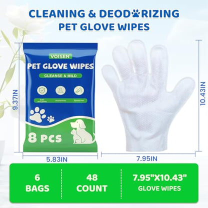 VOISEN 48 Pcs Pet Glove Wipes for Dogs and Cats, Cleaning & Deodorizing Bathing Grooming Wipes,Unscented Thick Nourish Fur Glove Wipes for Pet Dry Cleaning,Daily Care and Travel - size: 48 Pack