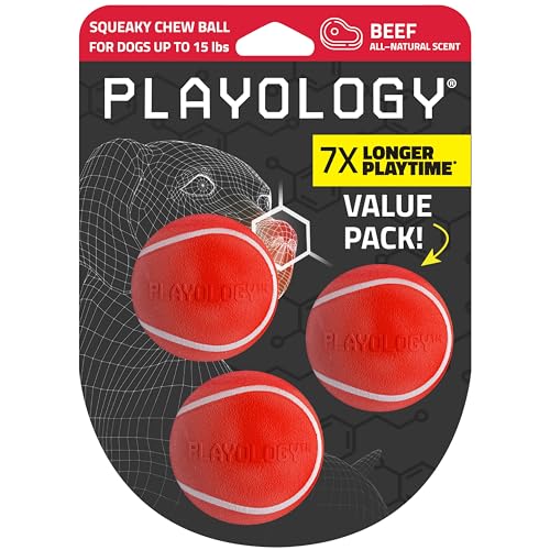 Playology Dog Toys | Squeaky Chew Ball - Bouncy Durable Floating Fetch Ball for Dogs , Value 3-Pack | Small Beef Scented Toy - Easy to Clean and Made from Non Toxic Materials - size: Small (VALUE 3-Pack), style: Beef
