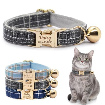 Personalized Plaid Cat Collar with Bell - Non-Breakaway Custom Polyester Kitten Collar with Engraved Name & Phone Number (Pattern 05, S (6.5-10.5 Inches)) - color: Pattern 05, size: S (6.5-10.5 Inches)