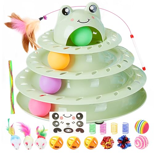 17 Pack Cat Toys, 4-Level Turntable Ball Track Interactive Cat Toy for Indoor Cats, Self Play Fun Roller with Colorful Rotating Ball Puzzle Exercise Kitten Toys Set - color: Light Green