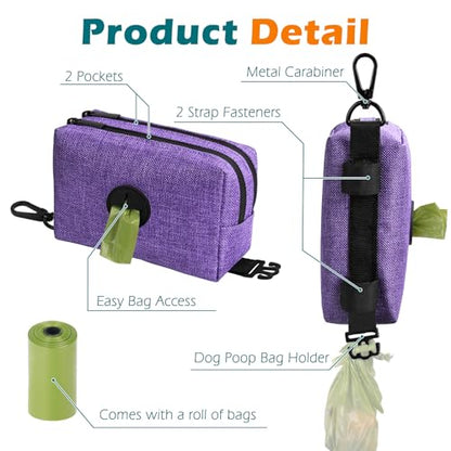 Dog Poop Bag Holder, Portable Pet Waste Bag Dispenser, 2 Pouches for Treats and Walking Accessories, Fit All Leashes, Includes 1 Roll of Dog Poop Bags (Purple) - color: Purple